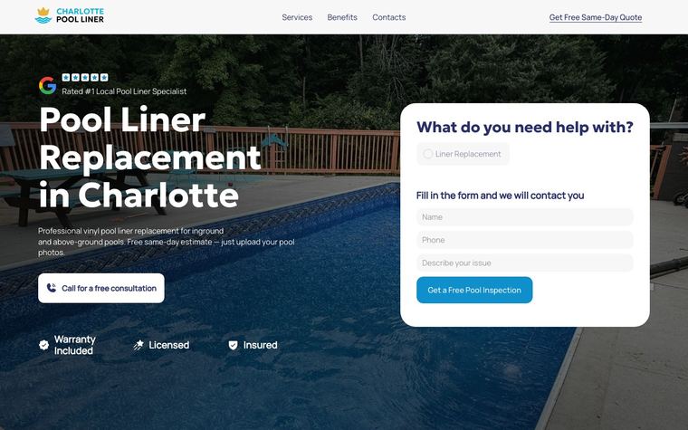 Перший екран сайту Charlotte Pool Liner: заміна лайнерів басейнів у Шарлотті, форма заявки й безкоштовна оцінка за фото